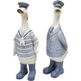 Set of two resin duck figurines dressed as a captain and sailor in blue and white nautical outfits.
