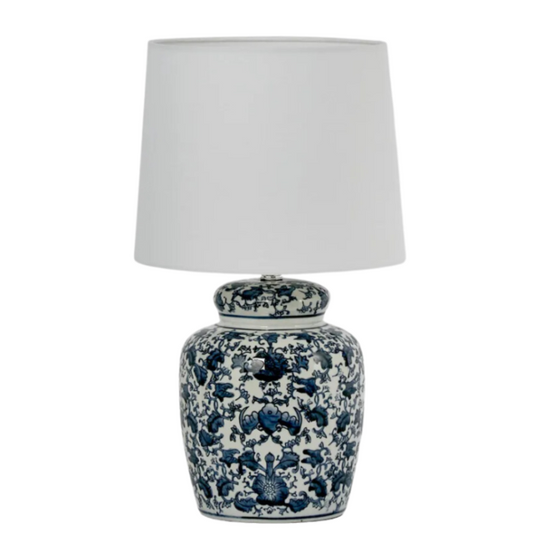 Blue and white ceramic table lamp with white shade Hamptons style