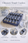 chinoiserie temple crackers styled on elegant table with blue and white decor for hamptons style home entertaining