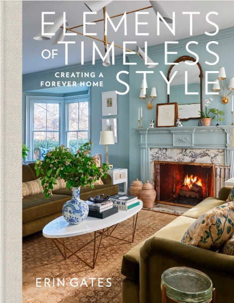 Book cover of 'Elements of Timeless Style' with a living room scene featuring a fireplace and decor.