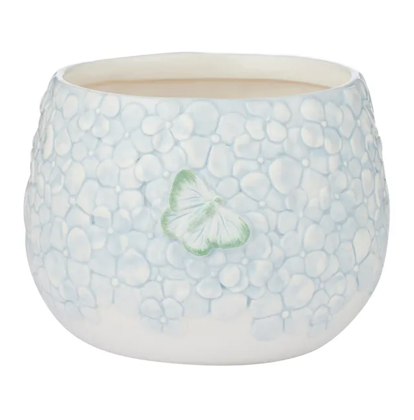 Eliza ceramic pot blue and green with embossed floral pattern and butterfly detail