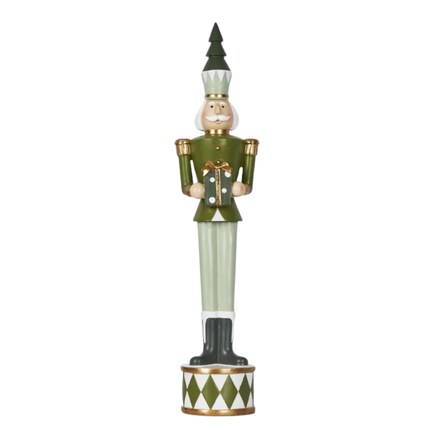 Empere green nutcracker holding gift, classic Christmas décor figurine