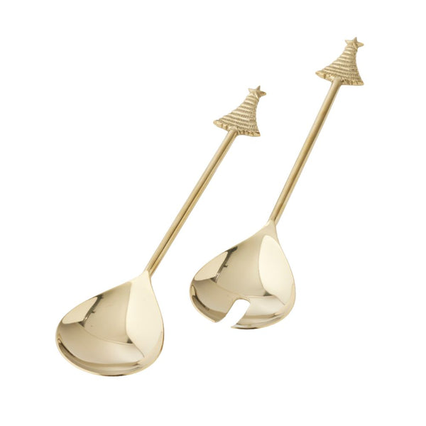Gold brass Christmas tree–handled salad servers set of two.