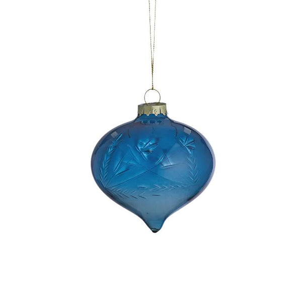 Engraved Onion Bauble Glass 8cm Blue