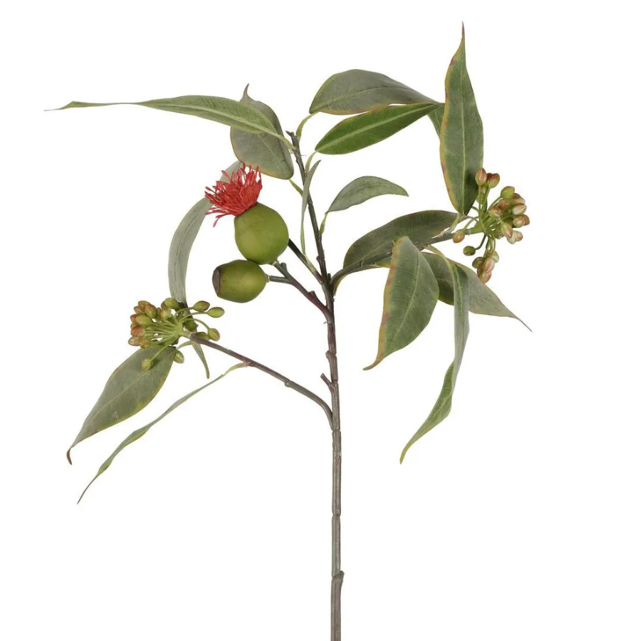 Artificial eucalyptus flower spray with red flower, gum nuts and slender green leaves