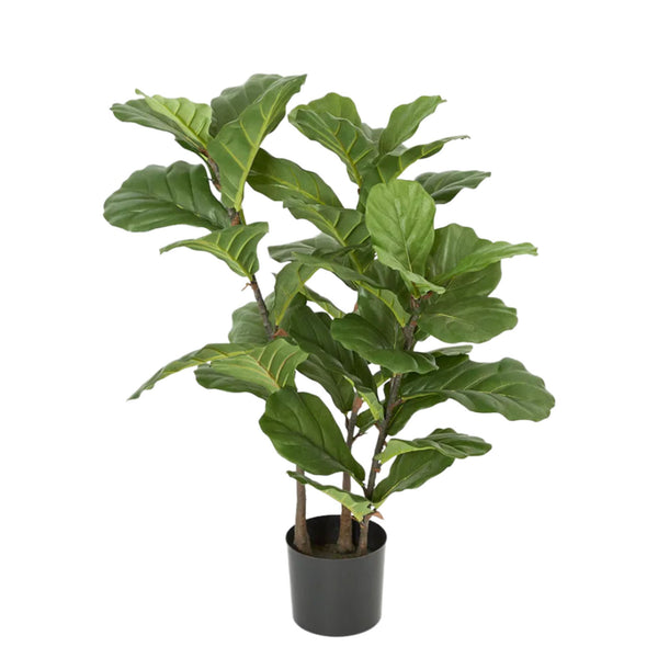 Artificial fiddle leaf tree with glossy green leaves in black nursery pot