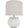 Flynn white ceramic table lamp with sculptural wave base and linen shade
