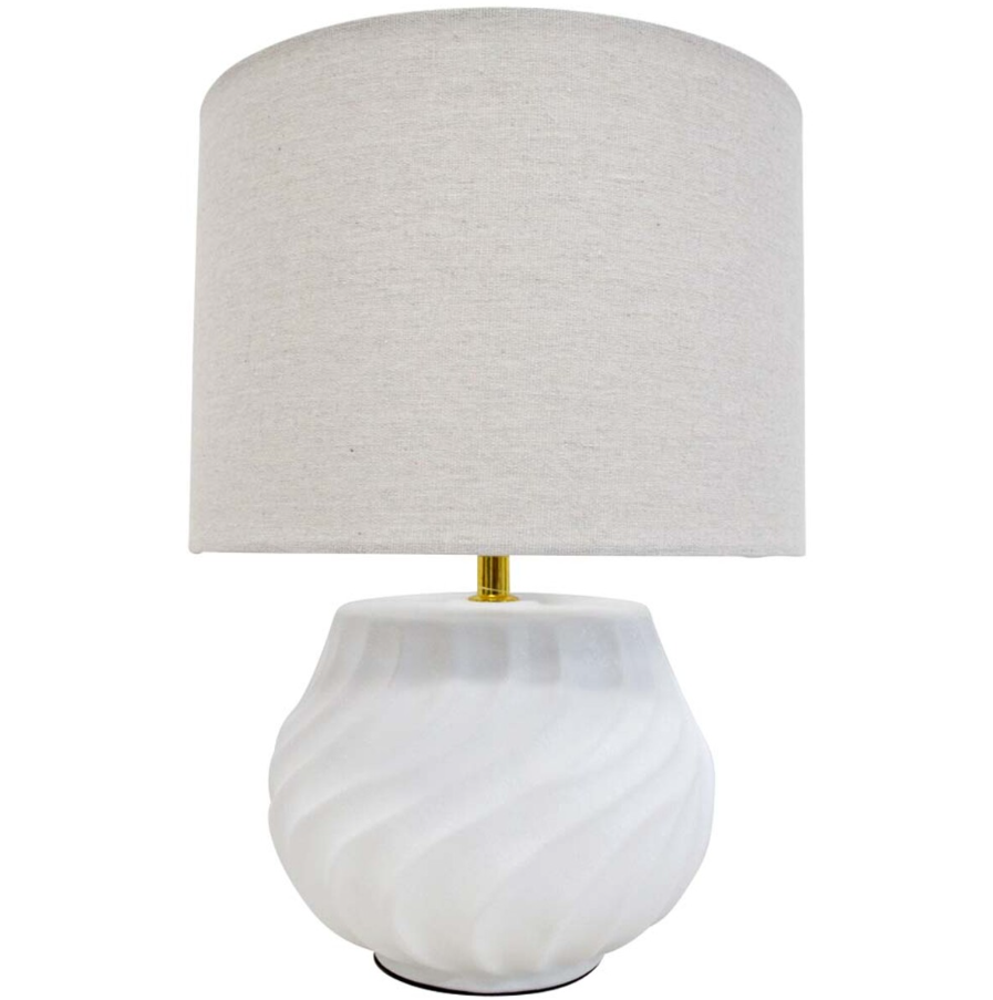 Flynn white ceramic table lamp with sculptural wave base and linen shade