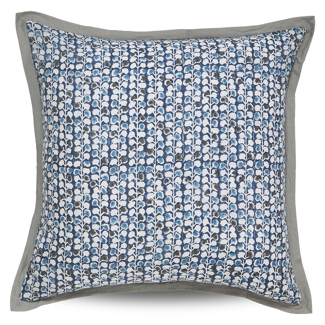 Fontaine sham in cornflower blue with hand-block floral print and grey border edging