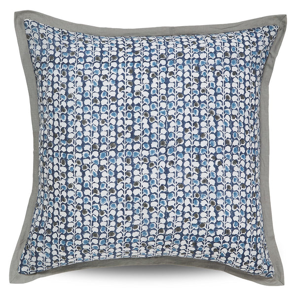 Fontaine sham in cornflower blue with hand-block floral print and grey border edging