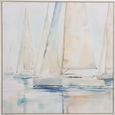 Framed coastal artwork featuring sailboats in soft pastel blues and neutrals with textured acrylic details, ideal for Hamptons-style interiors.