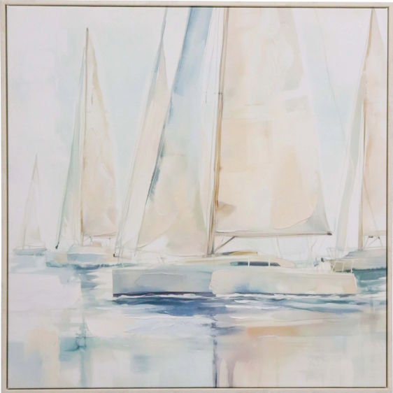 Framed coastal artwork featuring sailboats in soft pastel blues and neutrals with textured acrylic details, ideal for Hamptons-style interiors.