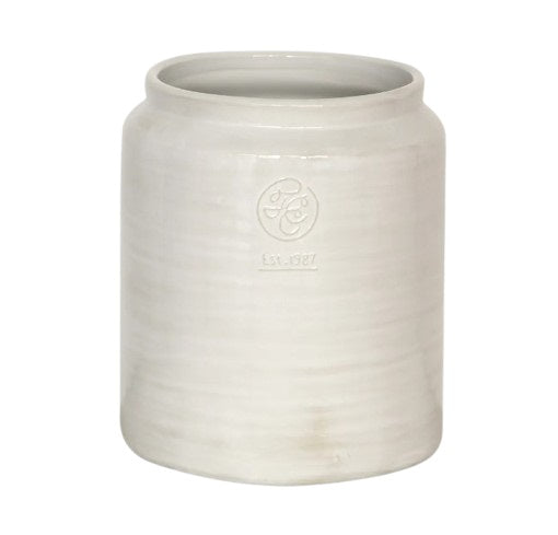 Large rustic white stoneware utensil holder with glazed finish