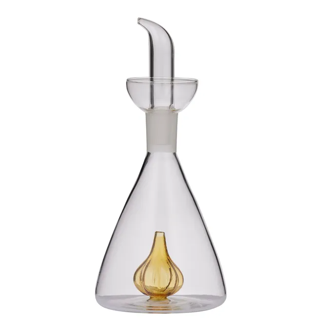 Garlic Glass Oil Bottle with amber decorative garlic detail inside, 9x20cm.