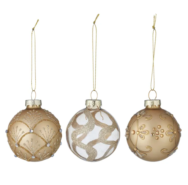 Set of 3 embellished matte gold glass baubles with glitter and bead details, 6cm each.