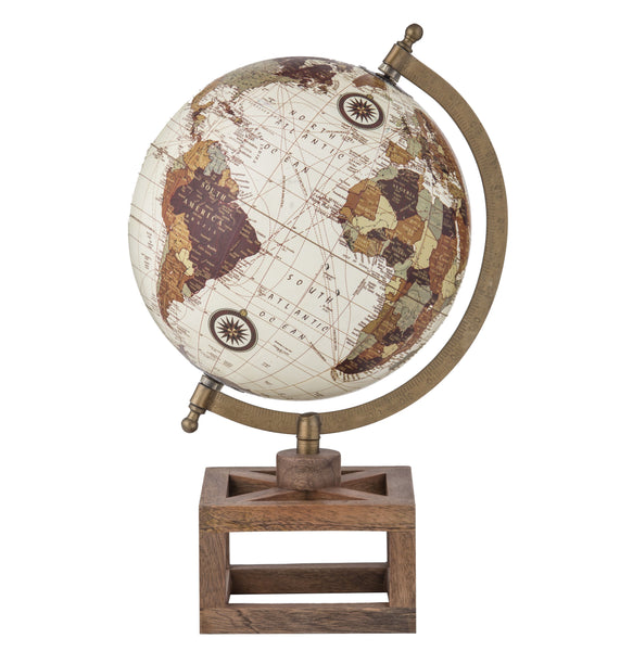 Decorative natural and beige world globe sculpture on a carved wooden base.