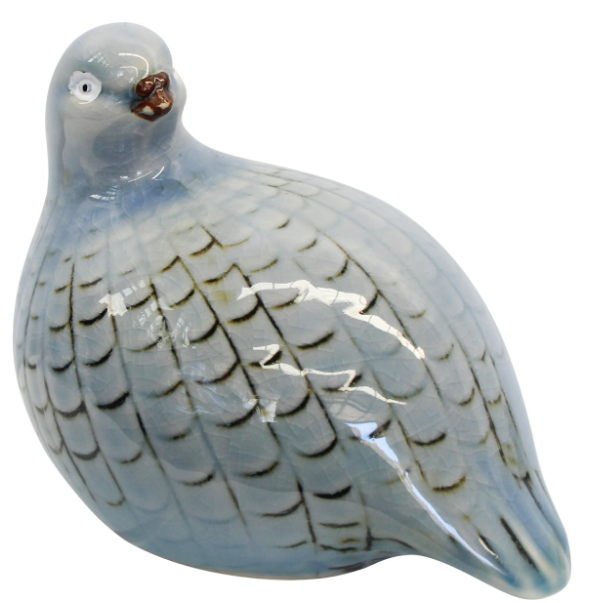 Porcelain guinea fowl ornament in soft blue with crackle glaze and feather detailing.