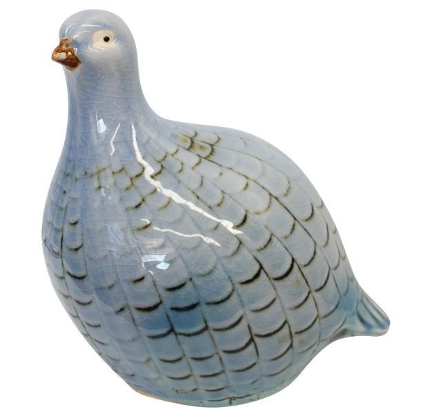 Porcelain guinea fowl ornament in soft blue with crackle glaze and feather detailing.