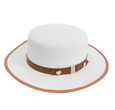 White woven Hampton Bay brim hat with tan trim and buckle