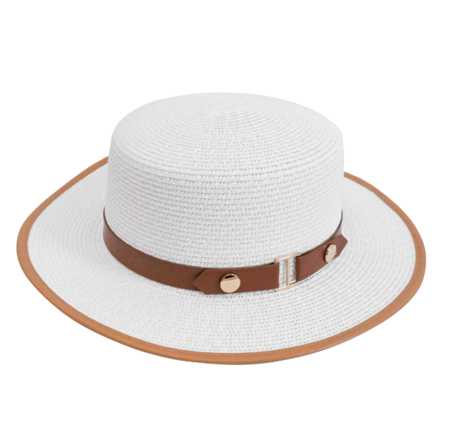 White woven Hampton Bay brim hat with tan trim and buckle