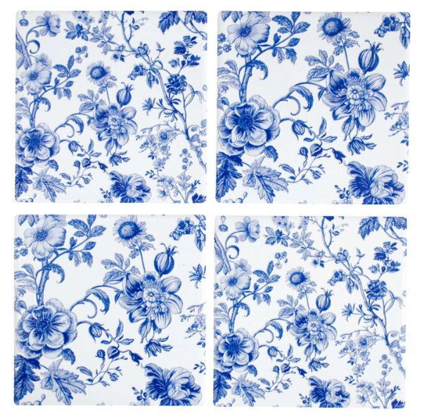 Set of four square ceramic coasters with blue and white floral botanical pattern arranged in a grid.