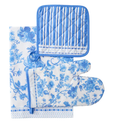 Hamptons kitchen linen set with blue floral oven mitt, striped pot holder and matching cotton tea towel, shown on a white background