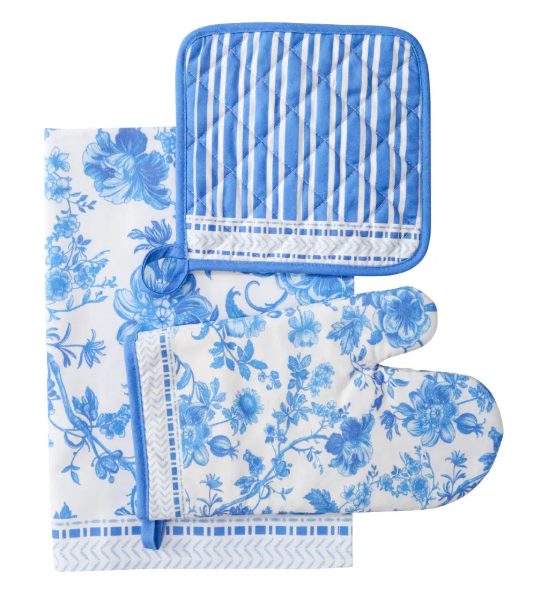 Hamptons kitchen linen set with blue floral oven mitt, striped pot holder and matching cotton tea towel, shown on a white background