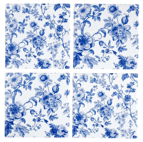 Hamptons Blue Botanical Ceramic Coaster Set/4 - Hamptons Style