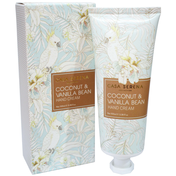 Vanilla Bean Hand Cream in decorative Casa Serena packaging standing beside matching box
