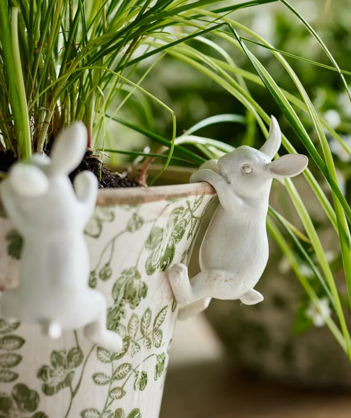 White resin hanging bunny decorations clipped over a plant pot, set of four.