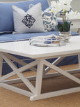 Close-up of Harbourside coffee table cross frame detailing and white painted timber finish