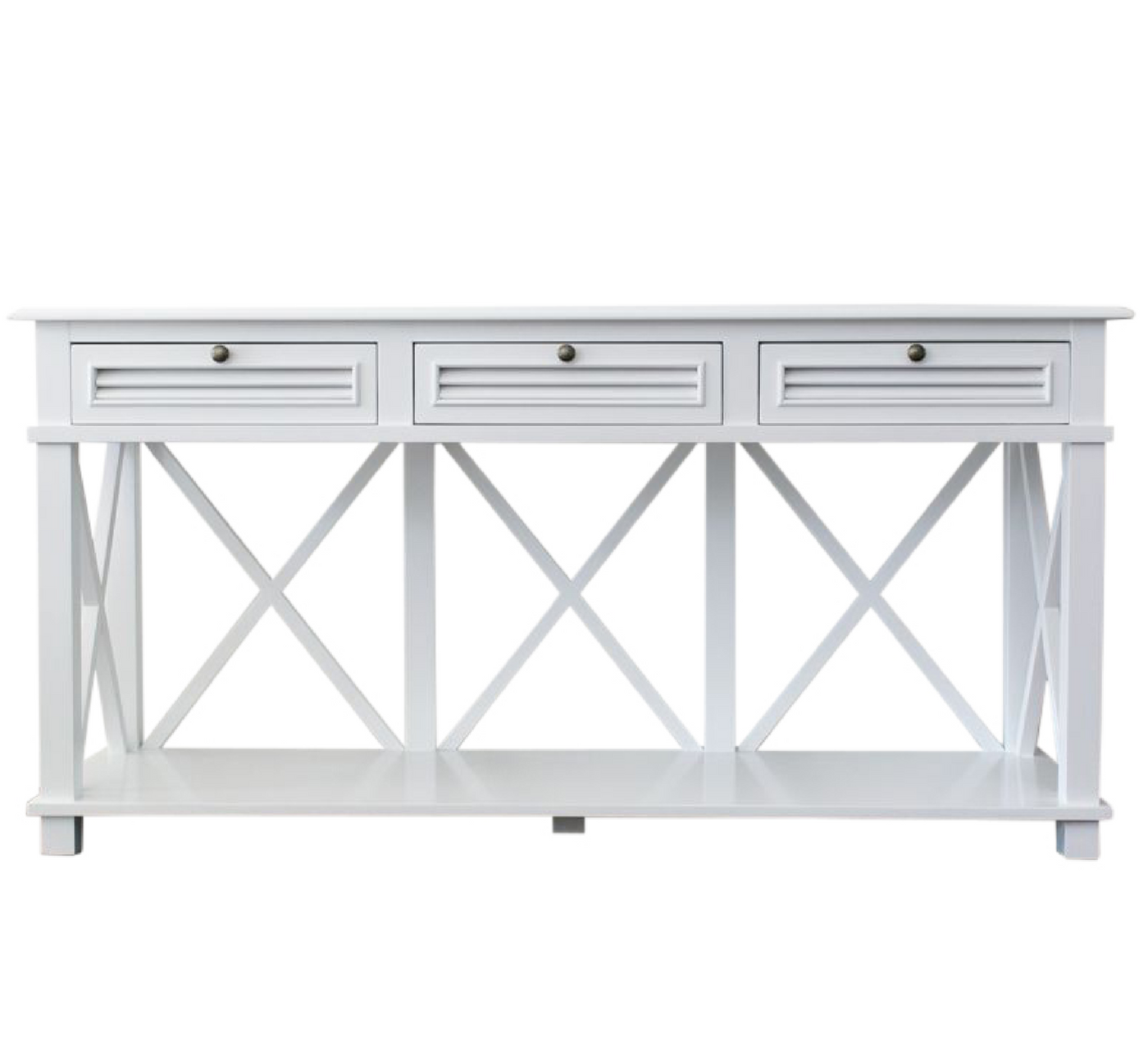 Haven Console 3 Drawer White with shaker-style design and lower shelf.