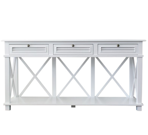 Haven Console 3 Drawer White with shaker-style design and lower shelf.