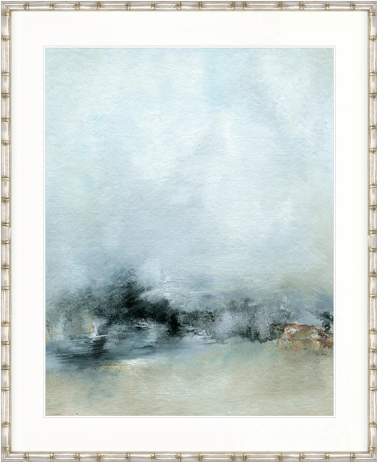 Hensley Abstract XIII framed artwork by Designer Boys featuring soft blue, grey and neutral abstract landscape tones.