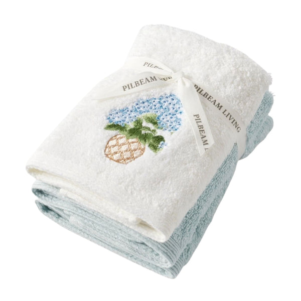 Heritage Bloom embroidered face washer set with hydrangea design and pale blue cotton towel