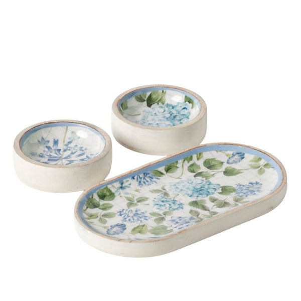 Heritage Bloom tray and bowl set with hydrangea floral pattern