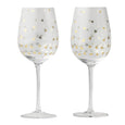 Set of two clear wine glasses with metallic gold honey bee pattern, elegant stemmed glassware for entertaining.