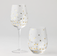 Set of two clear wine glasses with metallic gold honey bee pattern, elegant stemmed glassware for entertaining.