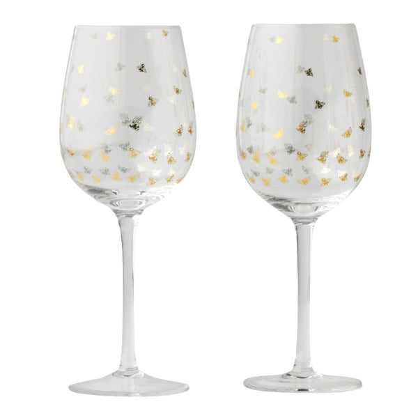 Set of two clear wine glasses with metallic gold honey bee pattern, elegant stemmed glassware for entertaining.