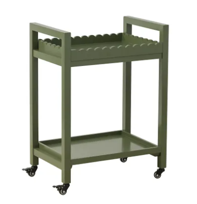 Olive green wooden bar cart with scalloped edging, two shelves and castor wheels, Hudson Bar Cart.