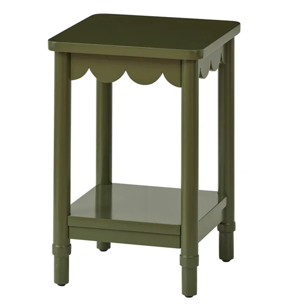Olive green wooden side table with scalloped trim and lower storage shelf, Hudson Wood Side Table.
