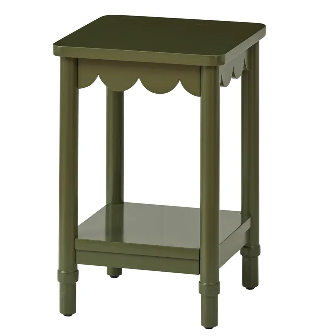 Olive green wooden side table with scalloped trim and lower storage shelf, Hudson Wood Side Table.
