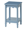 A blue painted wooden side table with a square top and a lower shelf. The apron just below the tabletop is a scalloped design. The legs are cylindrical and straight, with a small decorative ring near the base. The paint has a smooth, matte finish.