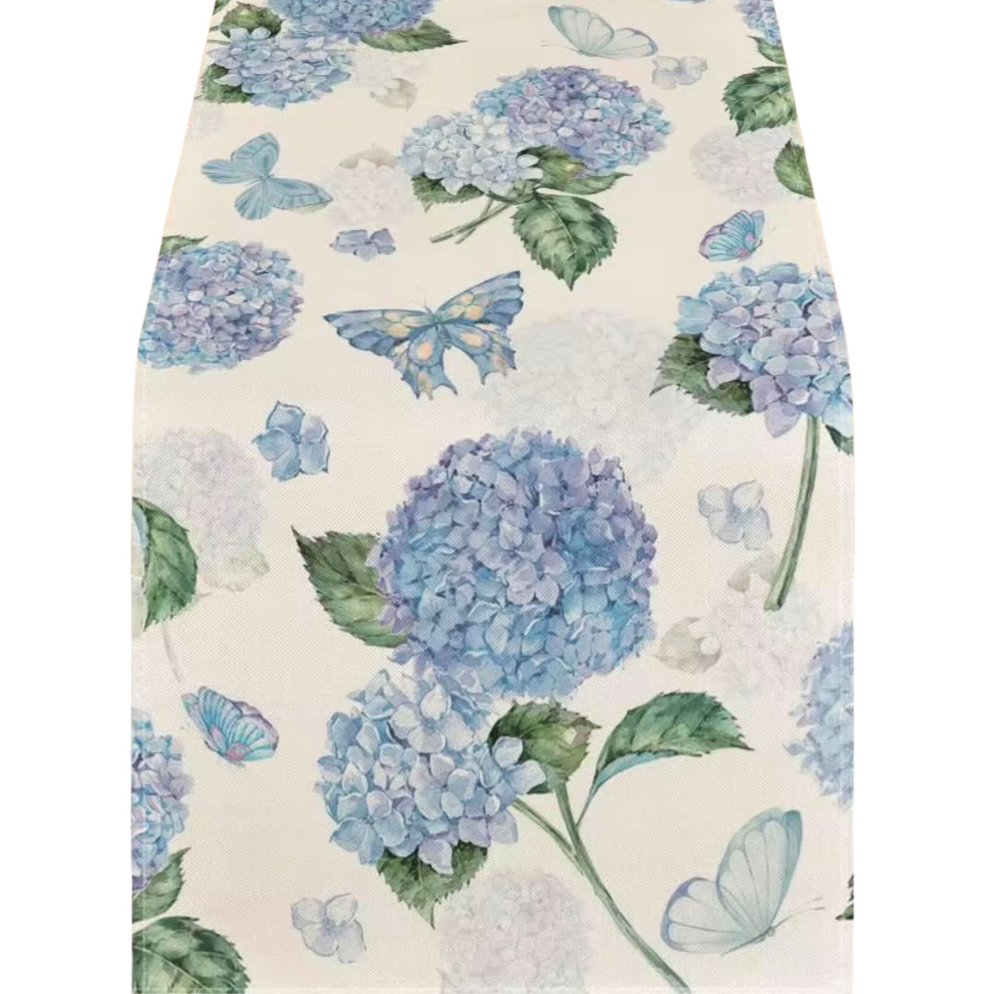 Hydrangea Butterfly Table Runner featuring blue hydrangea blooms and delicate butterfly motifs on a linen background for coastal table styling