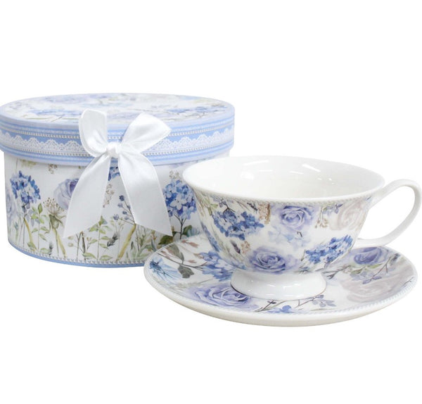 Hydrangea Blooms ceramic tea cup and saucer with soft blue floral pattern