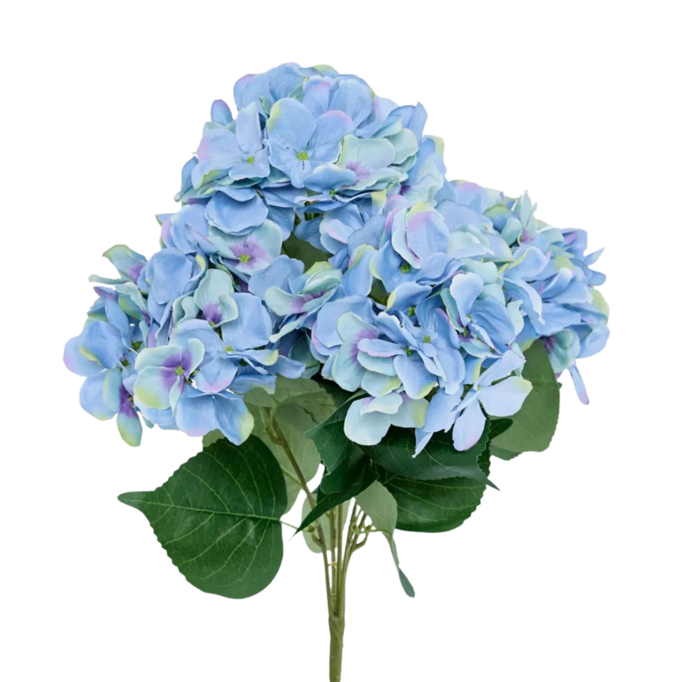 Artificial blue hydrangea bundle with green leaves, lifelike petals and full floral arrangement
