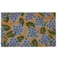 Hydrangea PVC back coir doormat with blue floral hydrangea design on natural coir base
