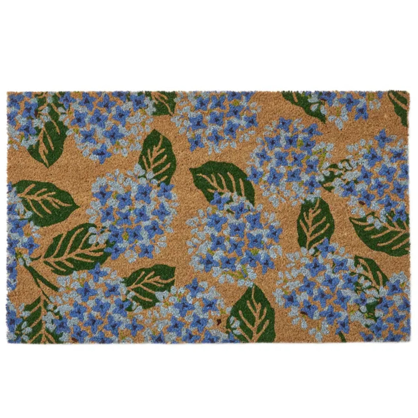 Hydrangea PVC back coir doormat with blue floral hydrangea design on natural coir base