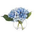 Blue hydrangea artificial arrangement in clear sphere glass vase with faux water, 25cm
