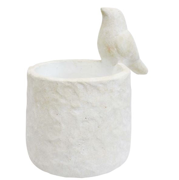 White cement planter with perched bird detail, textured finish, and drainage hole 